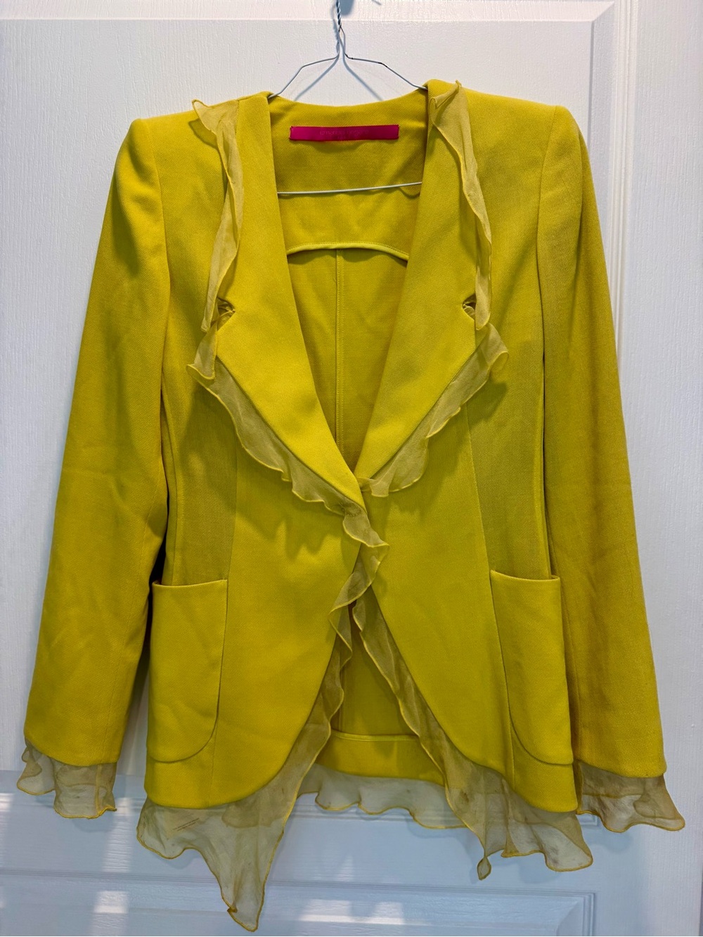 Vintage Emanuel Ungaro Yellow Wool Blazer Silk ruffle trim